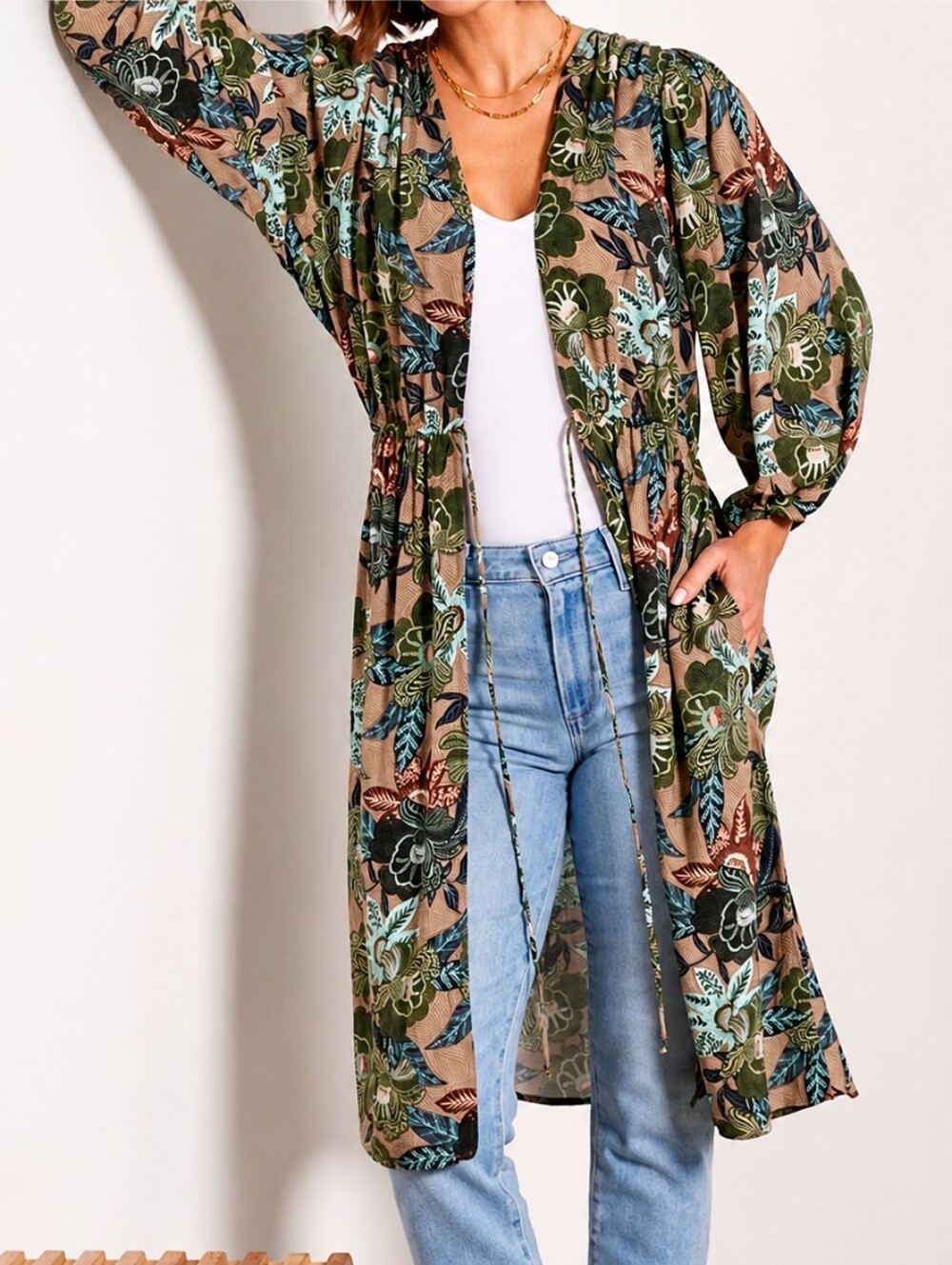 EVEREVE Mindy Floral Wrap Midi Boho Tie Waist M/L Duster Bohemian Dress